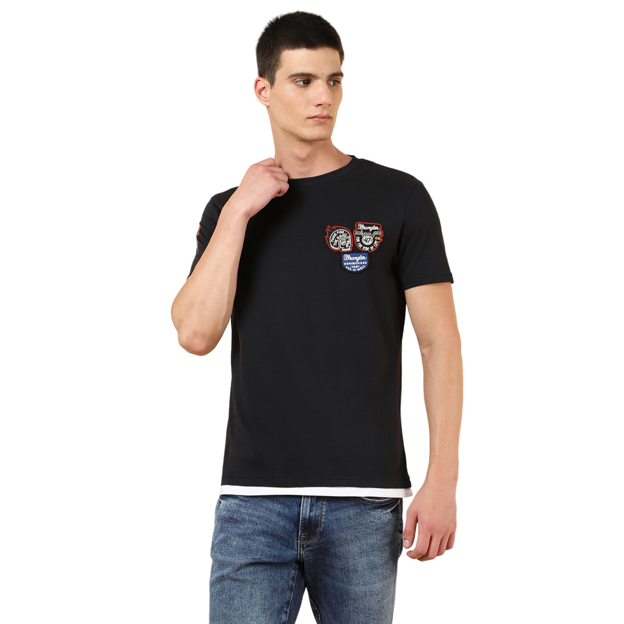 Wrangler Men's Embellished Black T-Shirt (Regular) in black