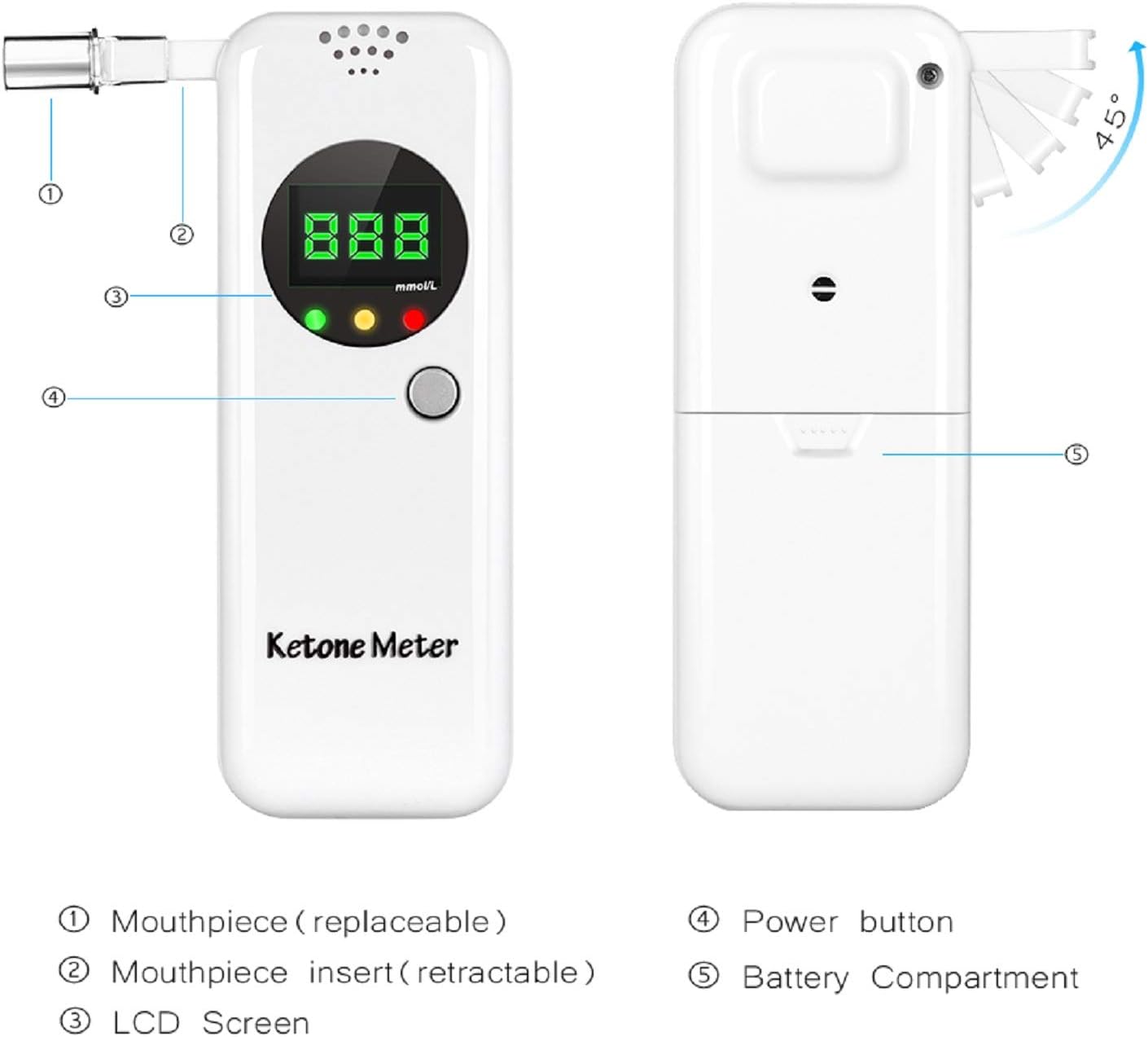 Ketosis Breath Tester, Ketone Meter Breathalyzer for Ketosis Health with 10pc Mouthpieces(White)