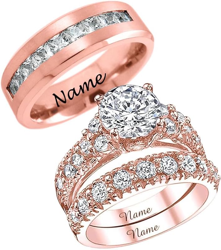 4.0 CT Lab Grown Diamond Couple Ring Bridal Set His and Hers, IGI Certified, D-E Color, VS, 10K 14K 18K Rose Gold Diamond Couple Set Wedding Engagement Band Womens and Mens Ring Size 4-18