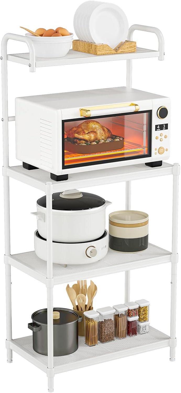 4-Tier Microwave Oven Stand, Kitchen Storage Rack with Mesh Wire Metal Shelves, Free Standing Shelving Utility Unit,Bakers Rack for Kitchen with Storage,Microwave Cart Storage Rack (White)