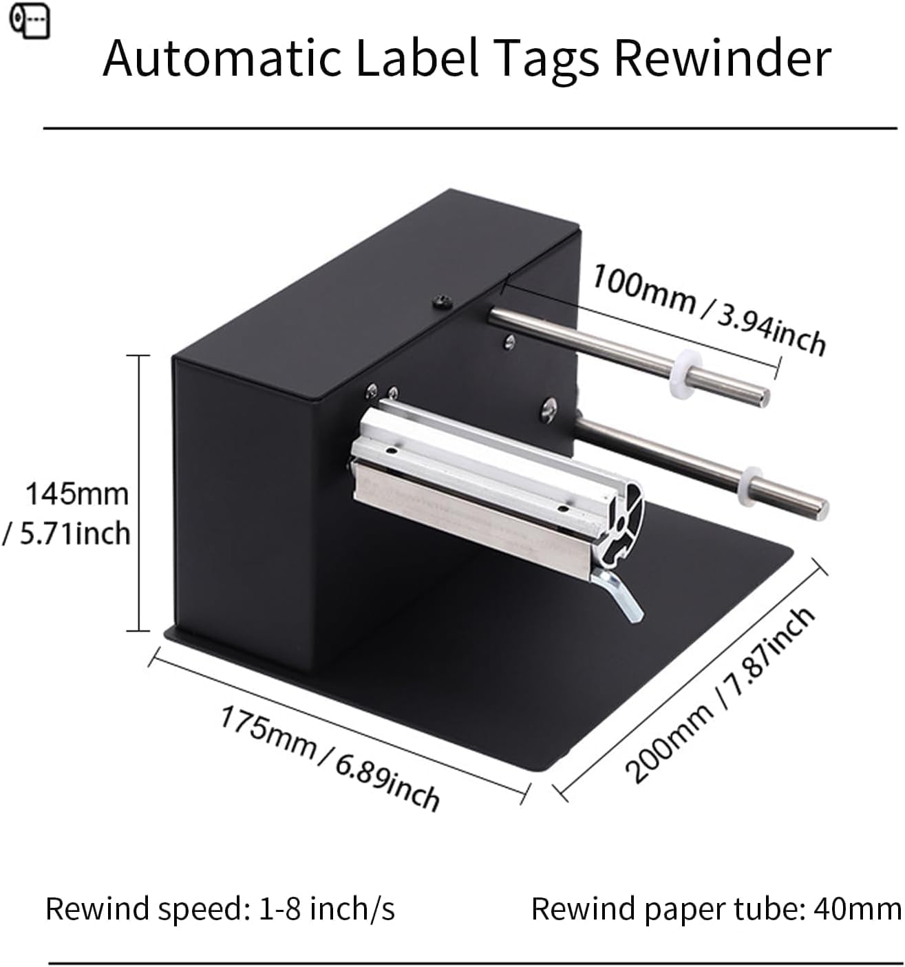 Automatic Label Rewinder 180mm/7.09" Two-Way Rewinding Label Roller Rewinding Machine Metal Labeling Equipment Synchronize Rewind with Printer for Warehouse ,Department Stores-7.9*6.9*5.5 in, Black