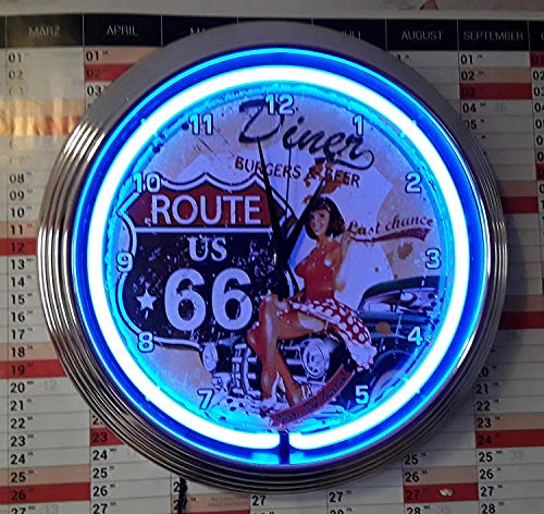 Horloge murale néon CLOCK PINUP ROUTE 66 DIN avec éclairage bleu fluo.