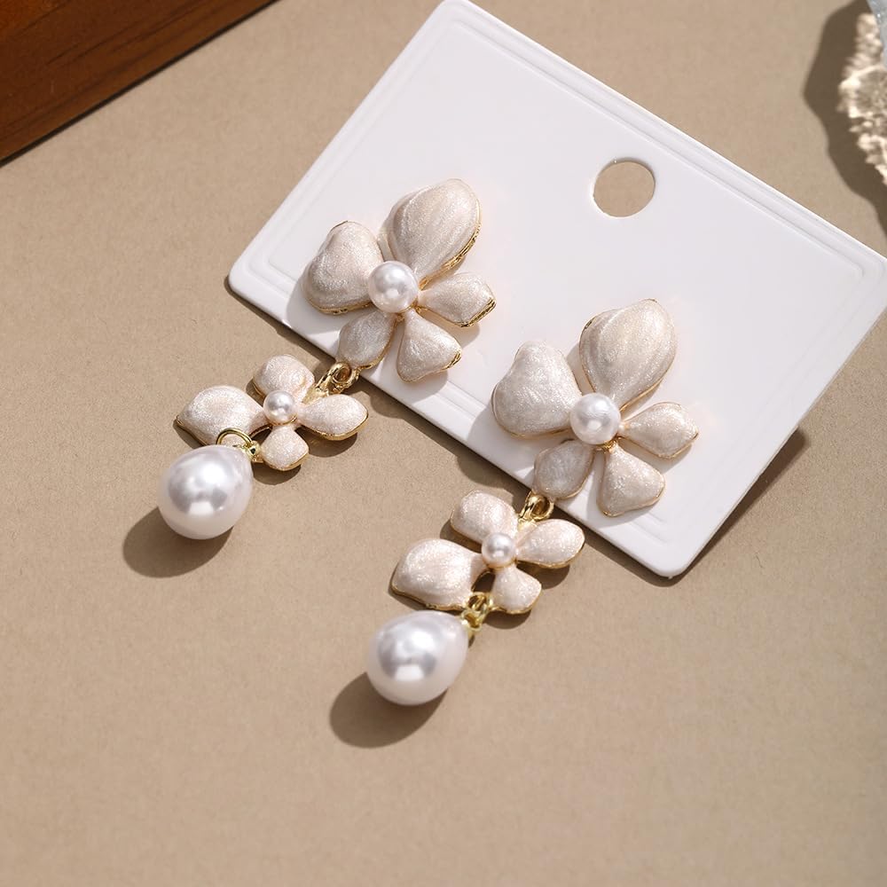 Flower Earrings for Women Dainty Pearl White Flower Dangle Earrings Large Floral Statement Earrings Boho Teardrop Pearl Danling Jewelry - Image 6