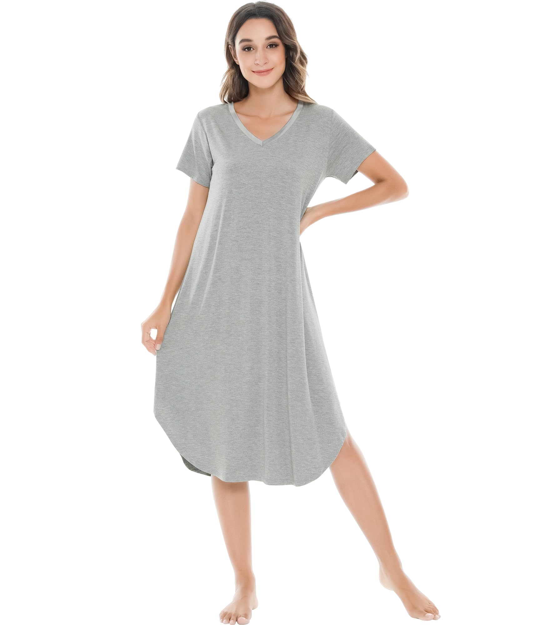 NACHILA Bamboo Viscose Nightgowns for Women Cooling Short Sleeve Sleepshirt | Soft V Neck Night Gowns, Moisture-Wicking Sleepwear for Hot Flashes &amp; Night Sweats, Ladies Nightshirts for Sleep, Home, Gift
