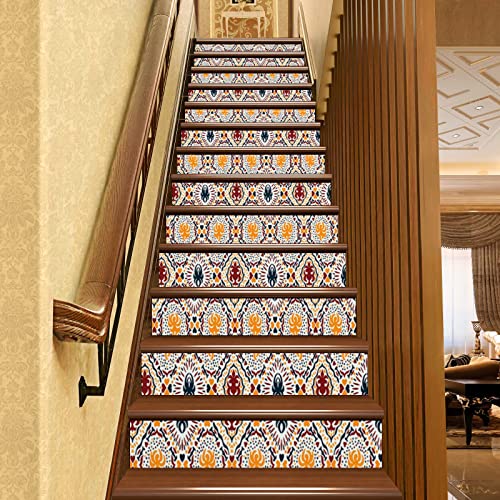 Boho Orange Burgundy Dark Petrol Blue Self Adhesive Stair Stickers, Peel And Stick Vinyl Stair Risers Staircase Murals Decals Sticker Decor For Steps,39.4X7.1 Inch X13Pcs #TOP28