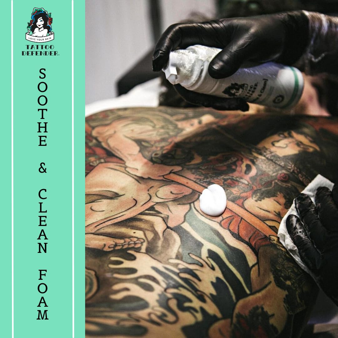 Tattoo Defender Soothe&Clean Foam, 150ml - Mus Tatuaże Oczyszczający Kojący Oczyszczający, Do Pielęgnacji Tatuaż, Zmniejsza Zaczerwienienie I Obrzęk, Antybakteryjne, Konekcja 150ml