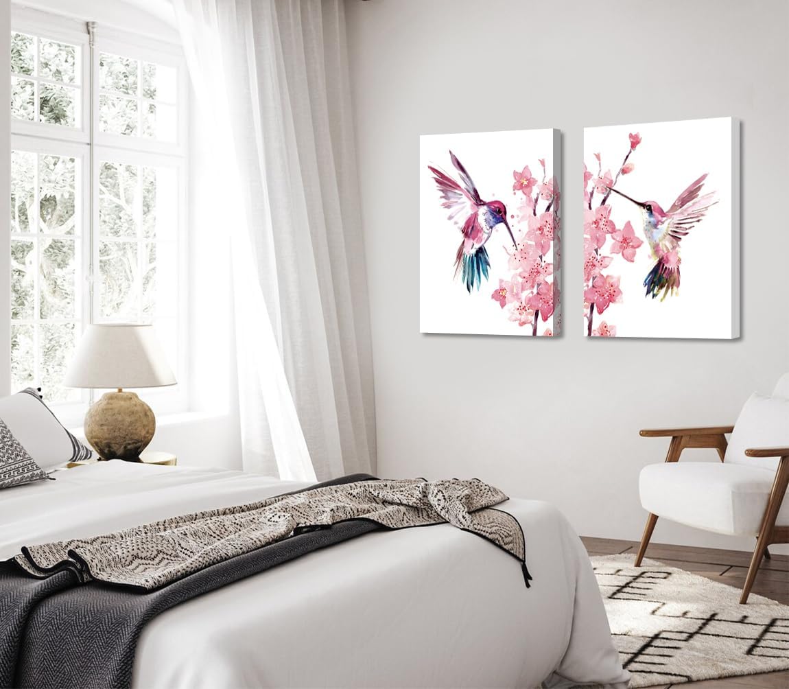 Birds Wall Art,Watercolor Hummingbird Canvas Wall Art Prints,Framed Hummingbird and Pink Flower Pictures Watercolor Animals Painting Print Modern Artwork Decor Set of 2 (12"x16"inch)