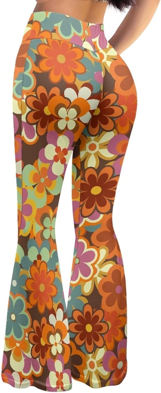 Women's 70S Yoga Pants Flare Ladies Hippie Flower Flared Leggings Athletic Leggings High Waisted Workout Pants