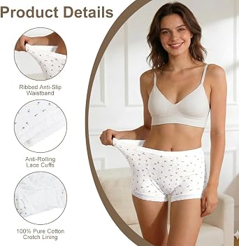 DiULi Women's Boxer Briefs with Lace Trim & 100% Cotton Gusset, Anti-Chafing Breathable Cotton Underwear, Comfortable Boyshorts for Under Dresses, Skirts & Daily Wear,6 Pack