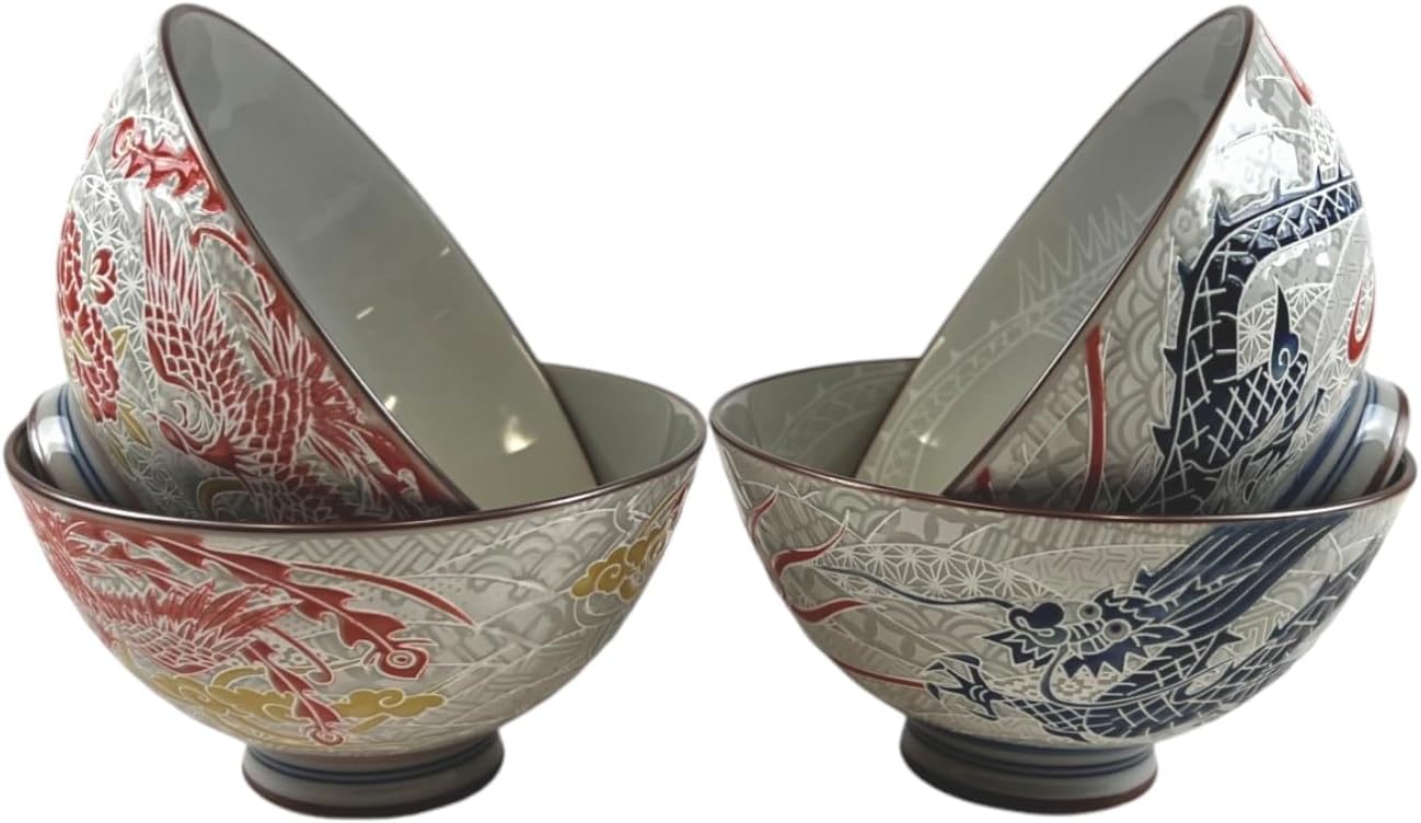 Urban Tokyo Japanese Rice Bowl Set 4 Piece Dragon and Phoenix Design 4.5 Inch D Soup Bowls Minoware Porcelain Made In Japan