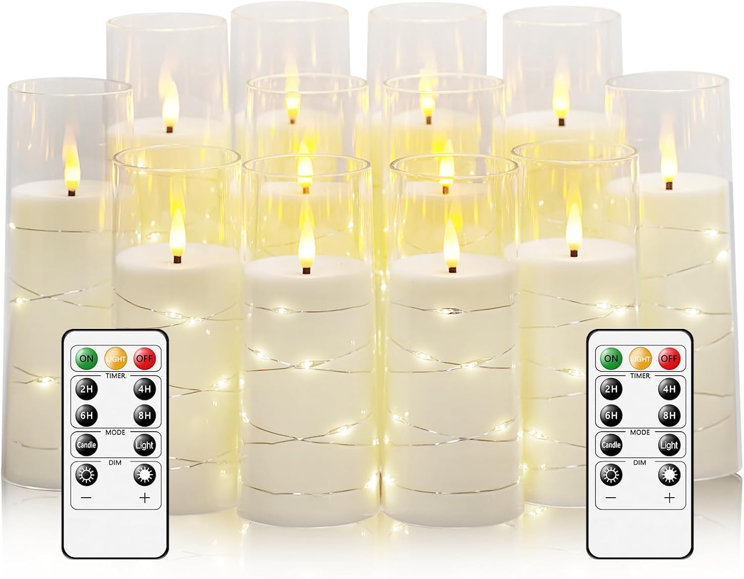 Sasigeiaa Flameless Candles with Embedded Star String - Battery Operated LED Candles, with Remote,12 White Flickering Candles for Christmas, Weddings, Home Decor & Party,(D 2.3"×H 5" 6" 7")