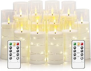 Flameless Candles with Embedded Star String - Battery Operated LED Candles, with Remote,12 White Flickering Candles for Christmas, Weddings, Home Decor & Party,(D 2.3"×H 5" 6" 7")