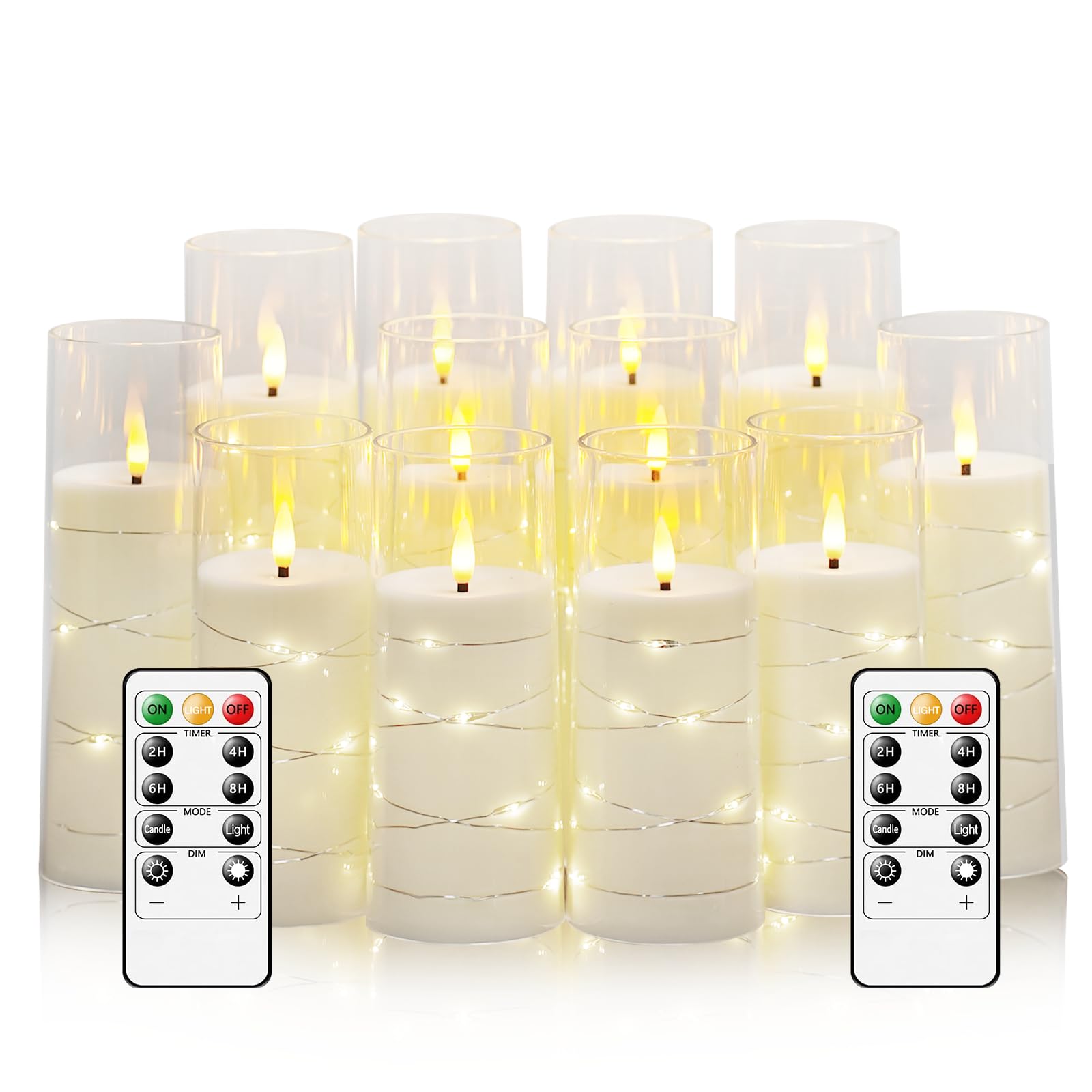 Sasigeiaa Flameless Candles with Embedded Star String - Battery Operated LED Candles, with Remote,12 White Flickering Candles for Christmas, Weddings, Home Decor &amp; Party,(D 2.3"×H 5" 6" 7")
