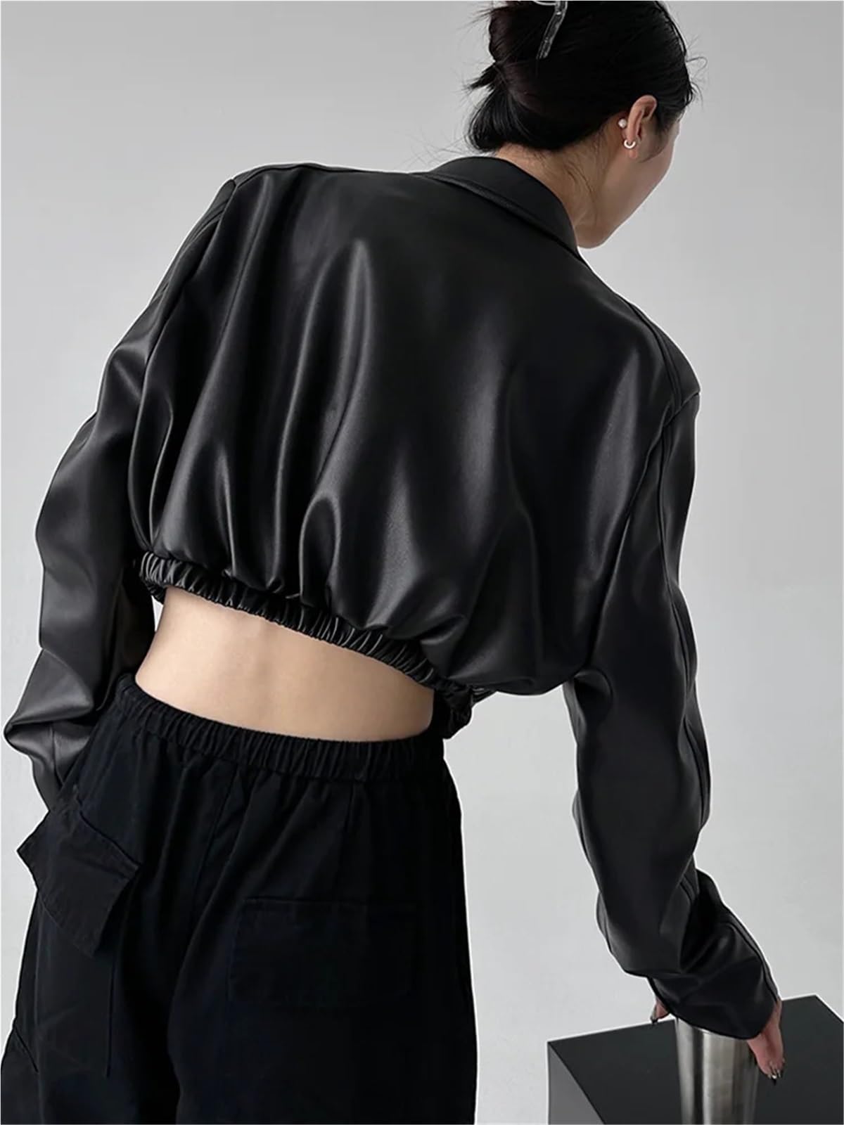 Chaqueta Cuero Mujer Chaquetas de cuero for mujer, abrigos cortos manga larga con solapa, ropa calle retro cremallera, abrigo informal moda Para salir