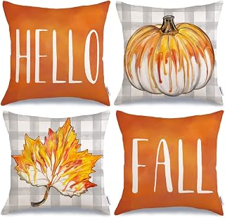 GEEORY Fall Pillow Covers 18 x 18 Inch Set of 4, Hello Fall Buffalo Plaid Pumpkin Thanksgiving Decorations, Autumn Rustic Cushion Cases Farmhouse Decor for Home Party Sofa Couch (Orange) G358-18