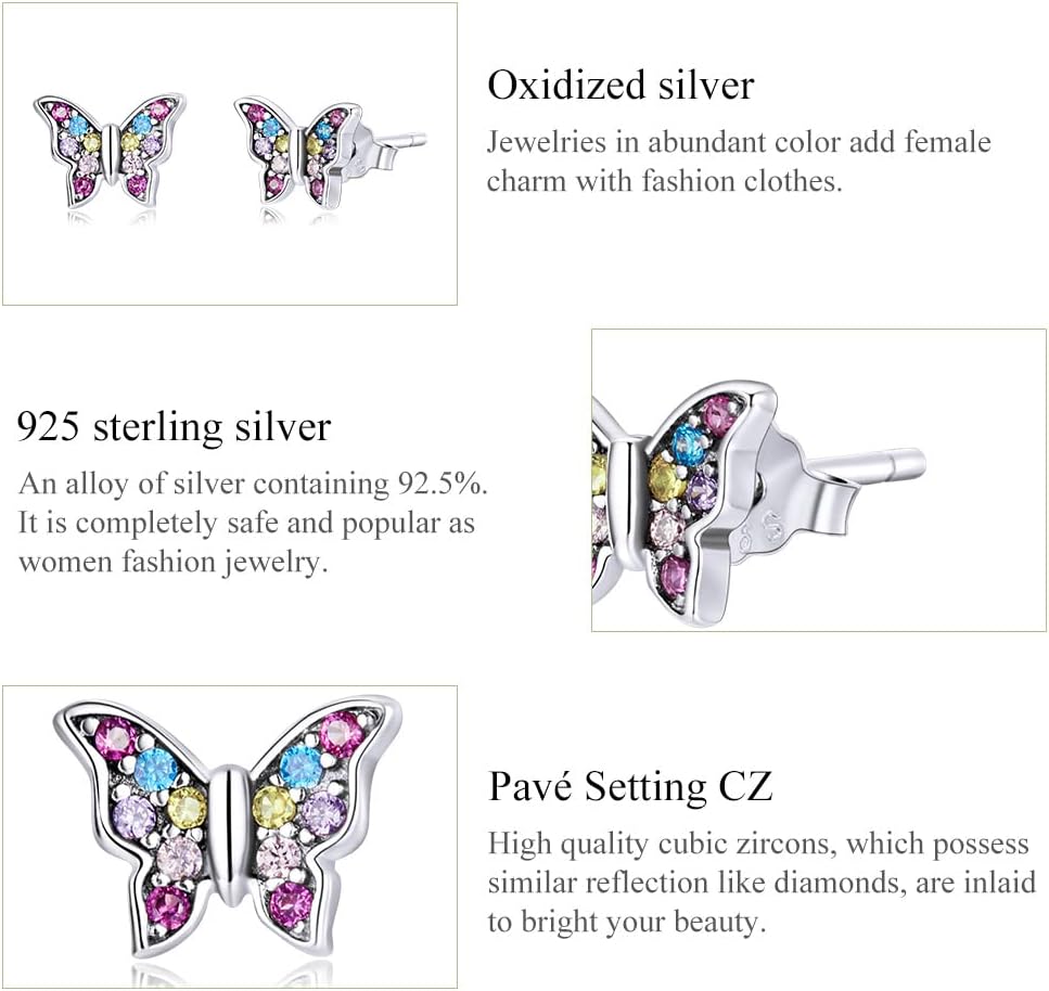 VOROCO 925 Sterling Silver Earrings,Hypoallergenic Flat Back Stud Earrings,Butterfly Insect Small Animals Cute Earrings for Women - Image 3