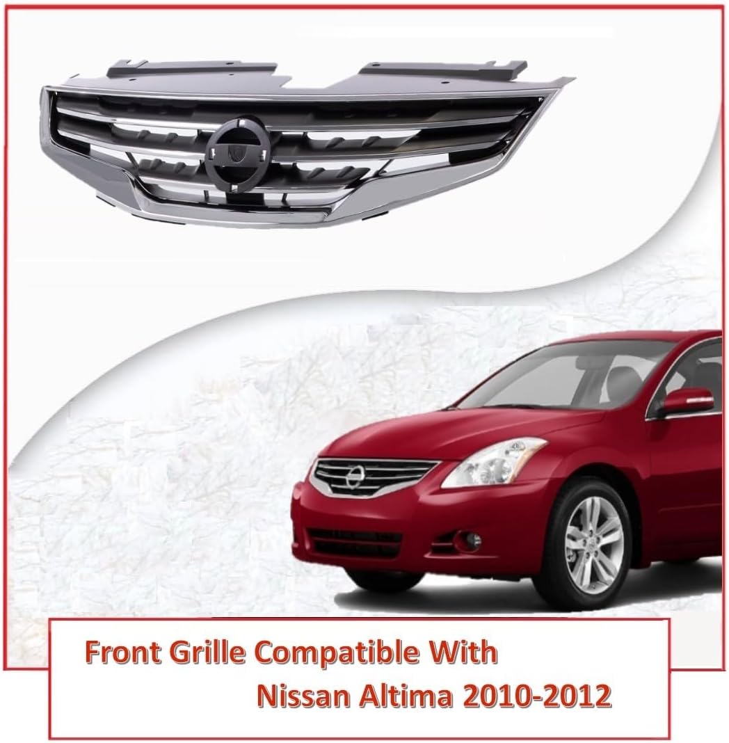 Front Grille (Chrome & Black) Compatible With Nissan 2010 2011 2012 Altima Sedan / 2010-2012 Altima (Base S SL SR) / 2010-2011 Altima (Hybrid) Front Grill Chrome Frame Shell Black Insert