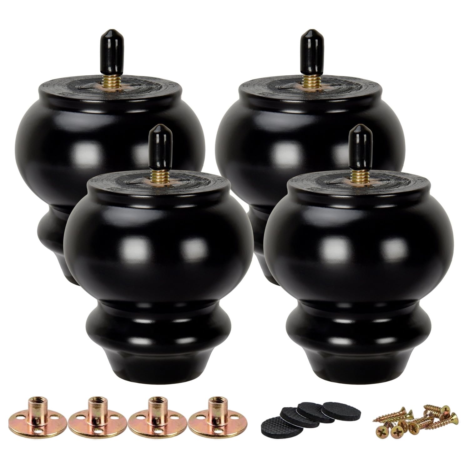 La Vane 8cm Massivholz Möbelfüße Kegelform mit M8 Bolzen 4er Set Schwarz | Klassisch Spindelform, DIY für Sofa Schrank Ottomane Küchen-Sockel und DIY-Projekte, mit M8 Montageplatten & Bodenschoner