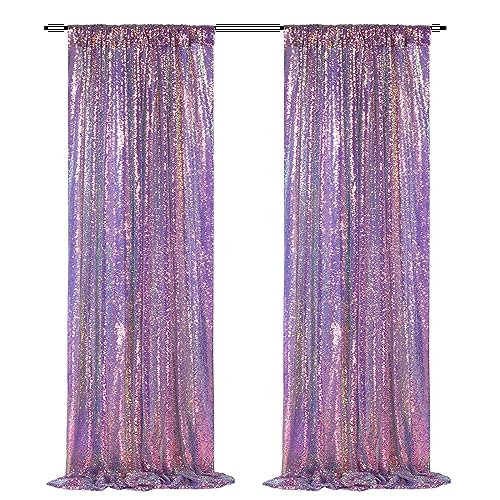 Image of Mermaid Purple Sequin Backdrop Curtain 2 Pieces 2ftx8ft Sparkly Stage Backdrop Drapes for Christmas Party Decoration Birthday Party Cake Table Background