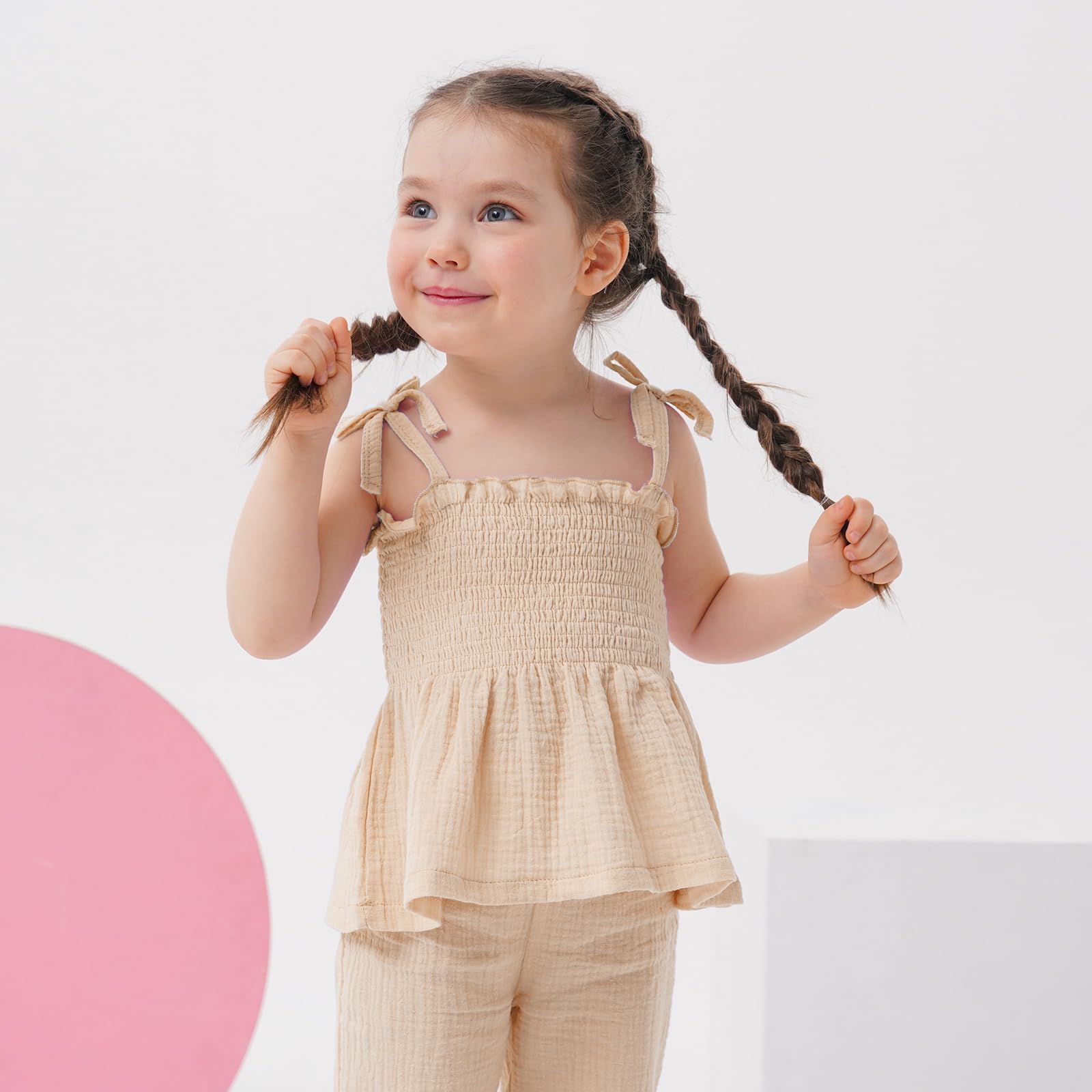 Miipat Baby Kleidung Set Mädchen Musselin Sommer Tops und Hosen Outfits | Ärmellos Musselin Suspender und Hosen Set Atmungsaktives 2tlg Babyset Sommer Einfarbig Baumwolle leinen Baby Outfit Mädchen