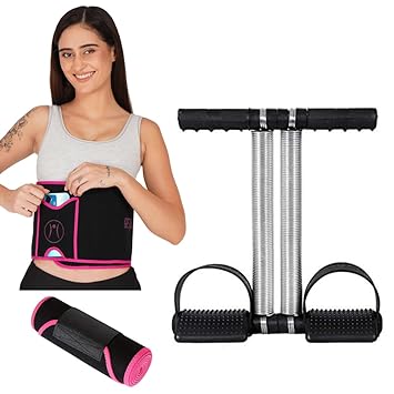 INSTAFIT Ultimate Home Workout Combo, 2-Piece Double Spring Tummy Trimmer and Slimming Sweat Belt with Mobile Holder Pocket, Multicolour