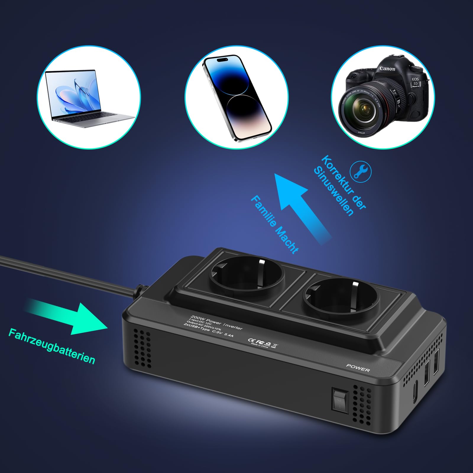 200 W Auto-Spannungswandler, Wechselrichter, DC 12 V auf AC 230 V, mit 2 Steckdosen und 3 USB-Anschlüssen, Schnelllade-Autoladegerät mit Zigarettenanzünderstecker für Geschäftsreisen und Urlaub