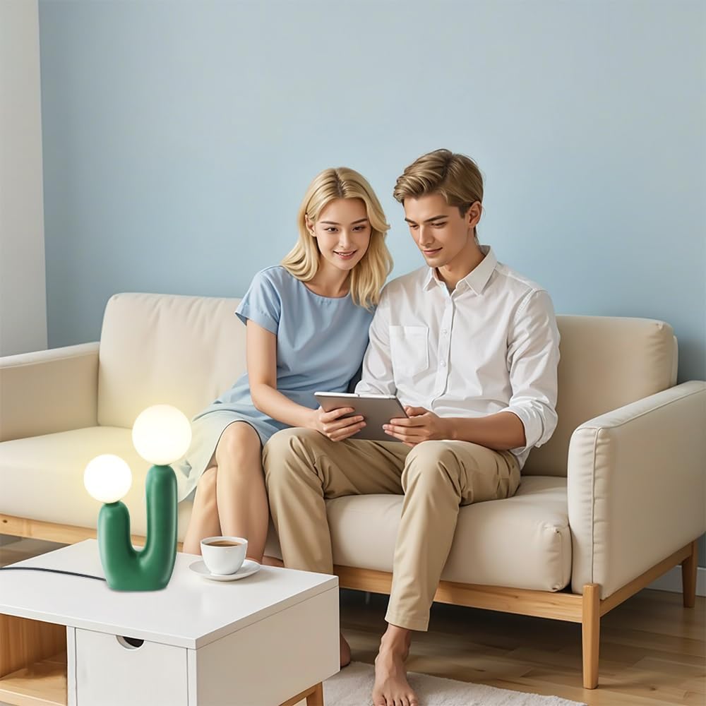 Nightstand Lamps, Modern Cactus Lamp, Dimmable Resin Table Lamp, Suitable for Living Room, Bedroom, Bedside Table (Green)
