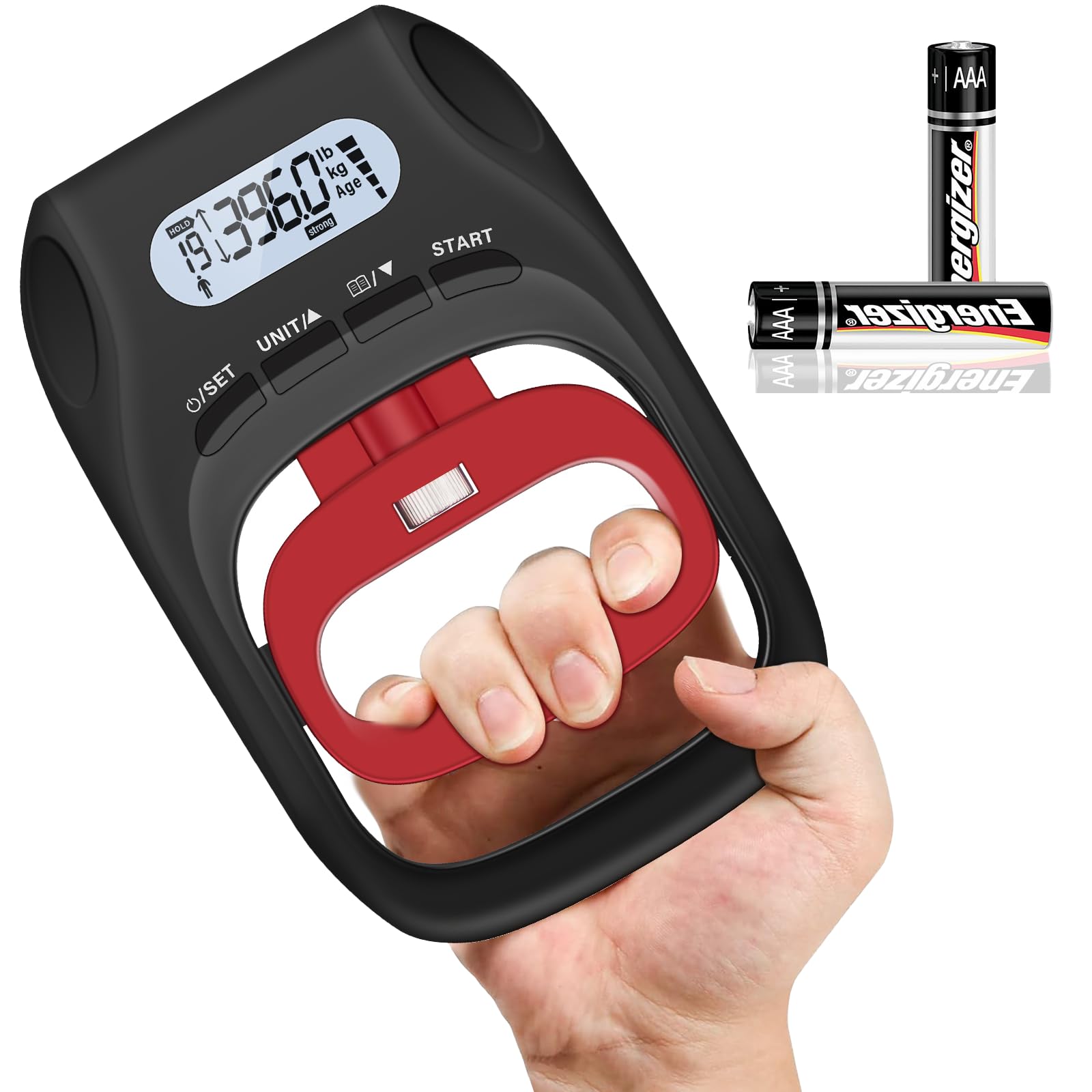 Medidor de Fuerza de Prensión JTHEW LCD, Sensor de Alta Precisión 180kg/400lbs, Entrenador Manual Ajustable Portátil para Recuperación Deportiva y Entrenamiento Clínico (Negro-Rojo).