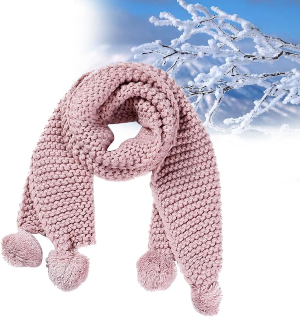 Fuzzy Ball Woolen Scarf for Winter Outdoor Warmth Pink