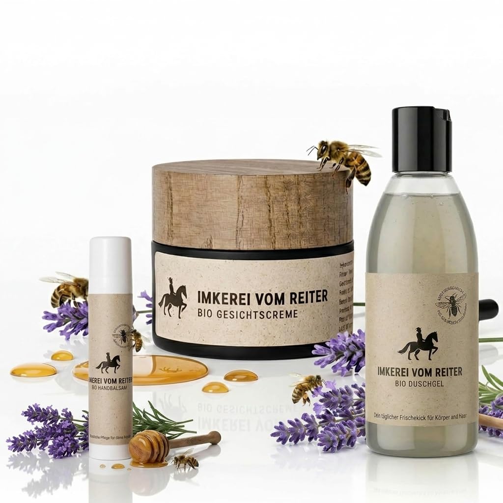 VOM REITER Pflege-Set mit Gebirgshonig – Gesichtscreme, Handbalsam & Duschgel 200ml – Zertifizierte Naturkosmetik für Gesicht, Hände & Körper – Feuchtigkeitsspendende Pflege für sensible trockene Haut