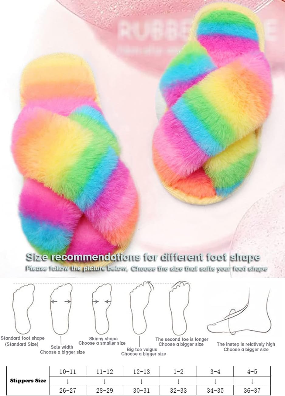 LightFun Girl's Fuzzy Fluffy Furry Slippers Fur Flip Flop Open Toe kids Slippers Cross Band Shoes Slides for Girls House Home Indoor Outdoor