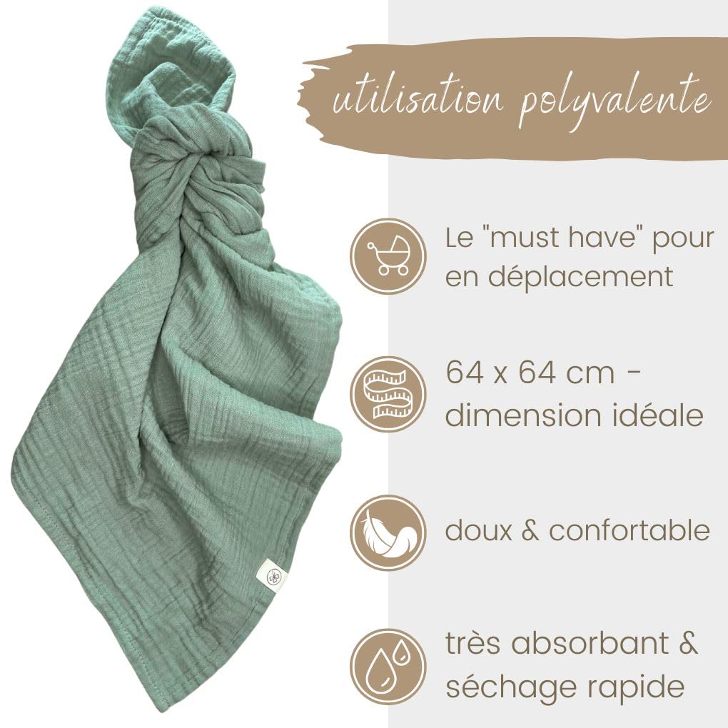DIKOS® Premium Langes Coton Bébé Menthe Crème | 100% Coton Biologique Certifié GOTS | 64x64cm Set de 4 Pièces | Lange Mousseline Crêpe Bebe doux Garçon et Fille | Cadeau de Naissance Cadeau Nouveau Né