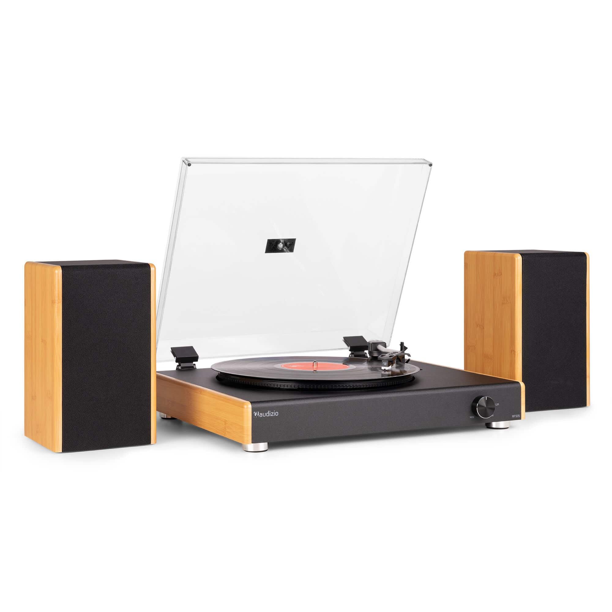 Audizio RP335 - Platino in vinile Bluetooth con altoparlanti 2 x 40 W, design elegante, versione in bambù, riproduzione USB, 3 velocità, funzione registratore, ideale per audiofili e collezionisti di