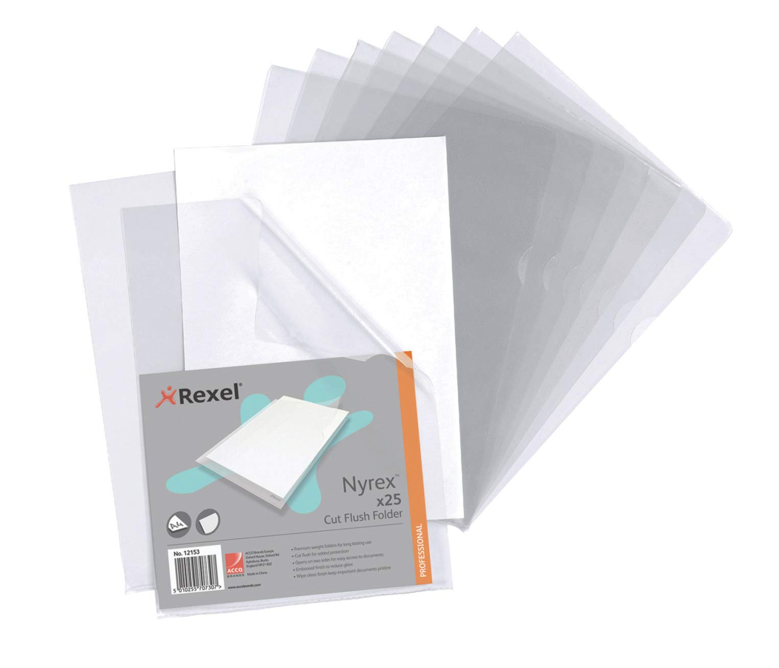 Rexel Nyrex Premium A4 Document Folder, Clear Embossed, 100mic, Cut Flush, L-Folder, Pack of 25, 12153