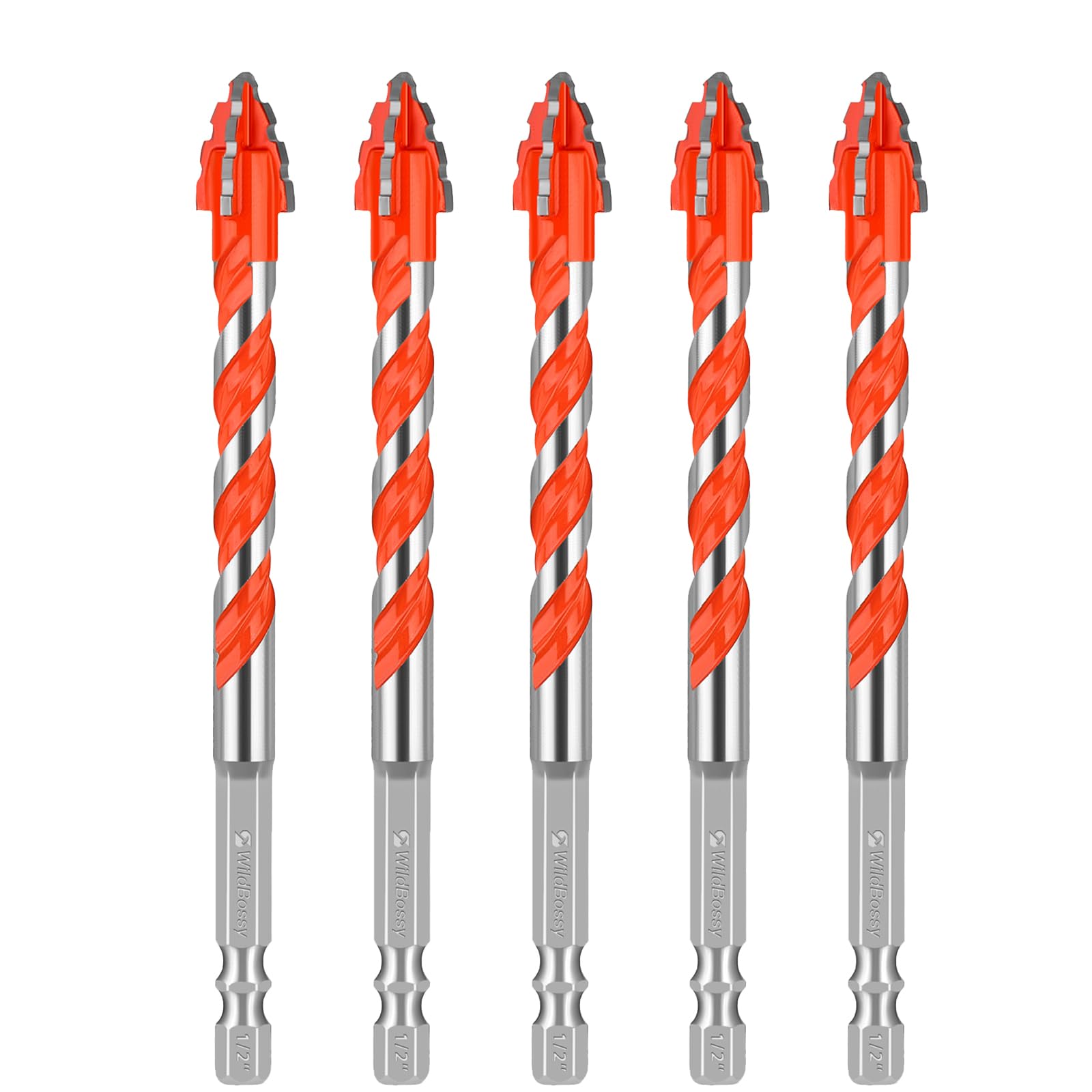 Concrete Drill Bit Set 1/2" (5PCS) | Cross Serrated Tungsten Carbide Tip Masonry Drill Bits Set for Glass, Metal, Brick, Tile, Concrete, Plastic and Wood 1/2 in Cross-serrated Type