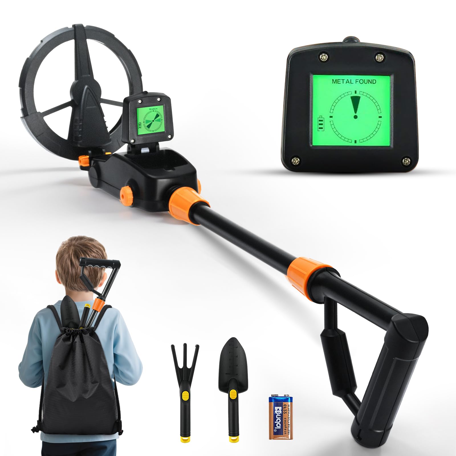 Détecteur de Métaux pour Enfants, IP68 Léger Détecteur de Métaux avec écran LCD et Indication Sonore, équipé d'une Bobine de Recherche étanche pour Enfants (livré avec Un Sac à Dos et Une Pelle)