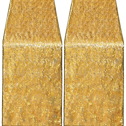 Pufogu 12 x 72 inches Black Gold Sequin Table Runner, 2 Packs