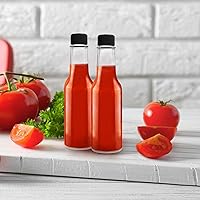 Vista 5 de Paquete de 35 botellas de 5oz para salsa picante, botellas de vidrio transparente Woozy con tapas negras a prueba de fugas, insertos para gotero