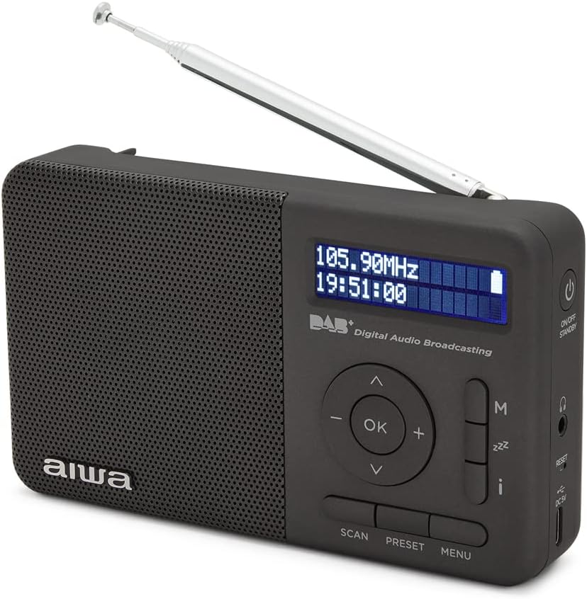 Rear view of the Aiwa RD-40DAB/BK radio, showing the telescopic antenna and product information label.