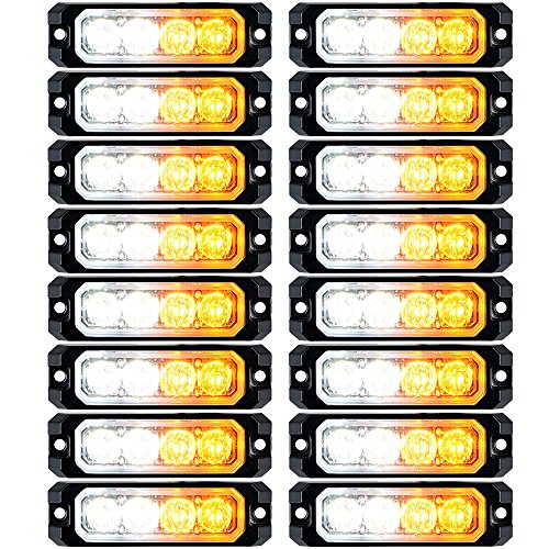 4-LED White Amber Ultra Slim Surface Mount Emergency Warning SYNC Strobe Light Head Car Truck (White Amber, 16pcs)