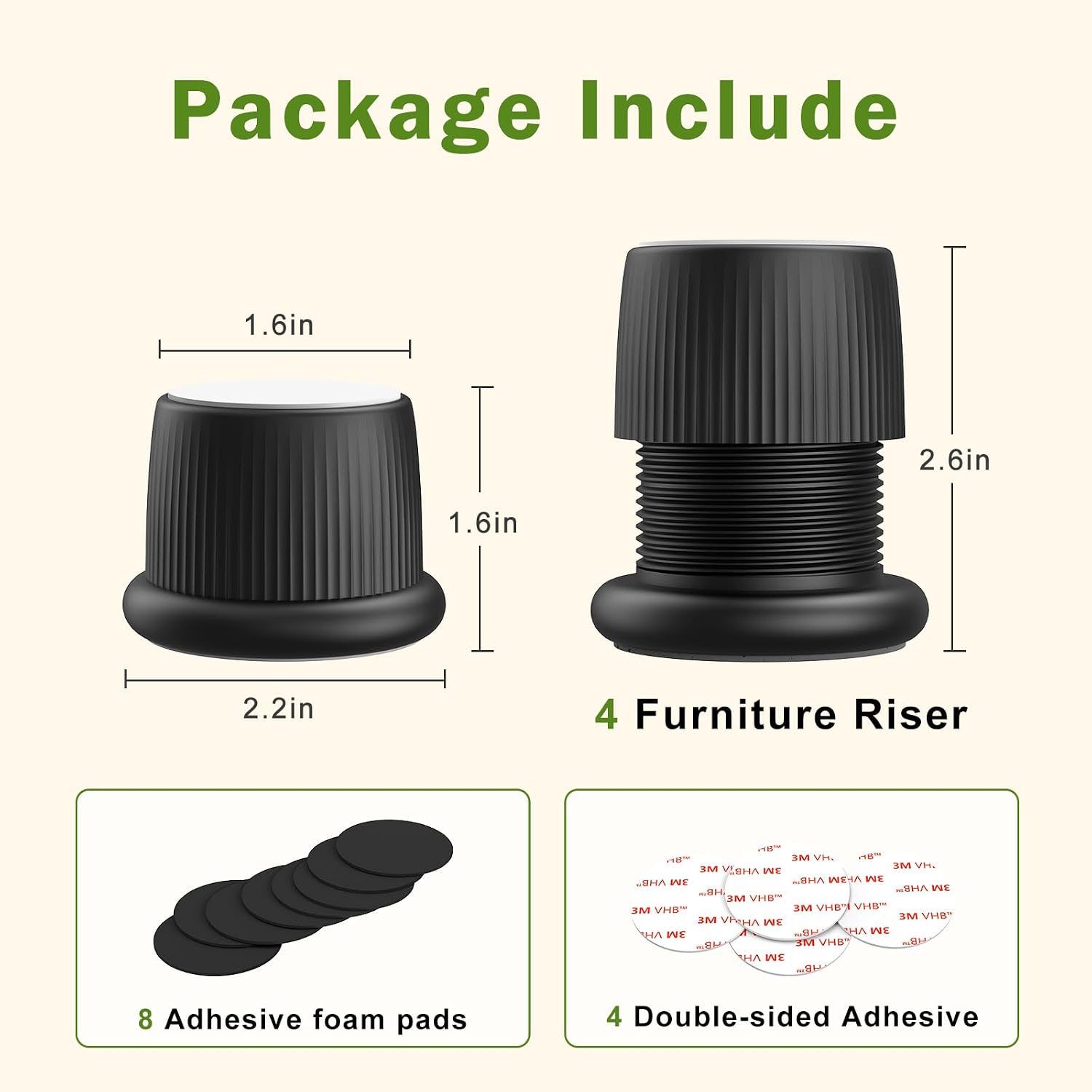 1.6-2.6 Inch Adjustable Bed Risers, Durable ABS & Anti Slip Bed Stoppers for Headboard, Suitable for Small Furniture Risers, Such As Table Risers, Chair Risers, Desk Leg Riser, Black 4 Pack