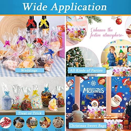 Cellophane Bags, 50PCS Sweet Bags Empty 25x15cm Clear Cookie Bags with Mix Colors Pull Bows, Resealable Plastic Party Bag Sweets for Gifts, Cookie, Baking, Displaying and Party