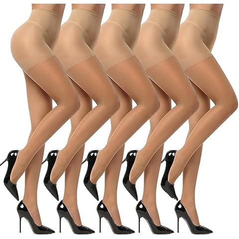UNIFULL 5 Pack Women's Sheer Tights 20 Denier Control Top Pantyhose with Reinforced Toes (Small/Shin) Cover