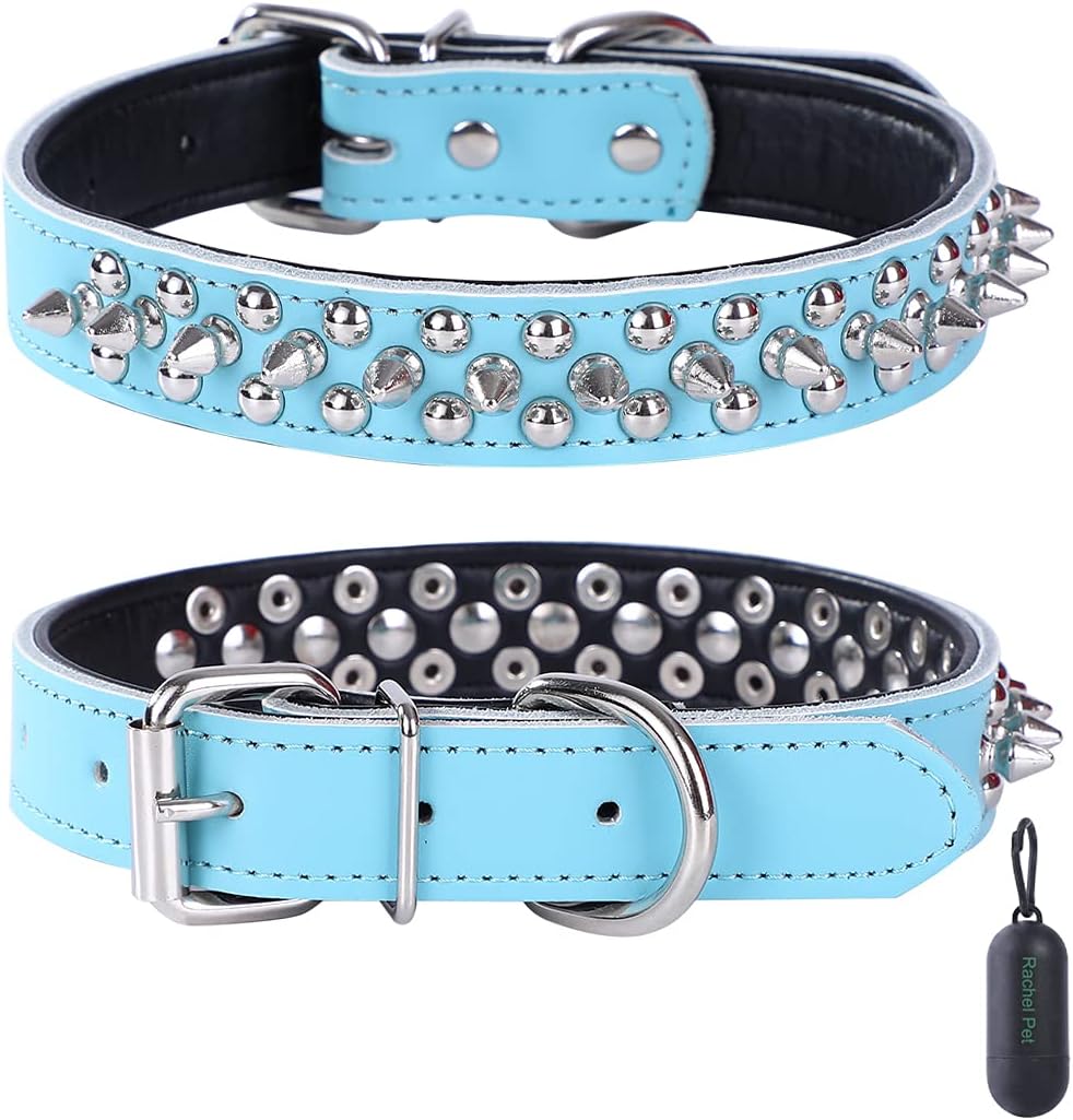 Rachel Pet Products Rivet Spiked Studded Genuine Leather Dog Collar for Small or Medium Pet, Blue, S