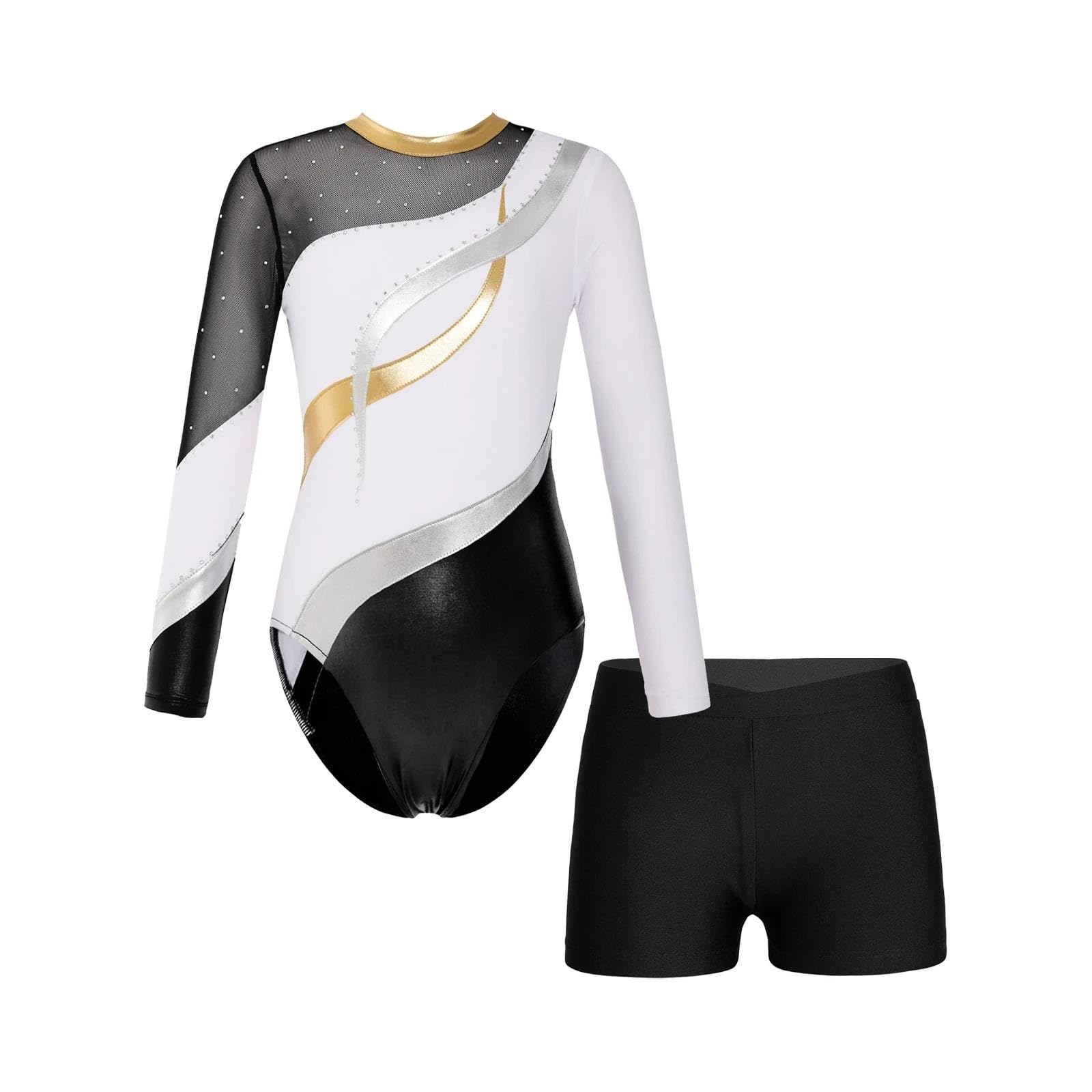 Leotardo para Competición de Gimnasia Leotardos de gimnasia for niñas, leotardos bronceadores de manga larga, vestido de Ballet, ropa de práctica de baile(White,8)