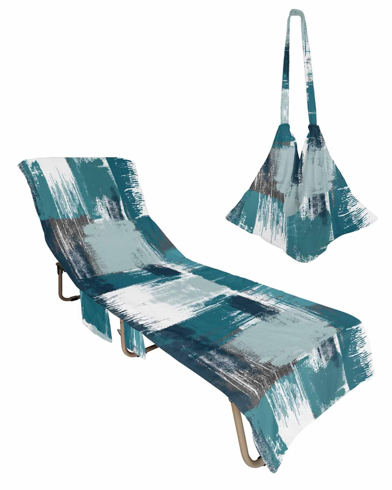 Abstract Painted Blue Beach Chair Towel Covers for Chaise Lounge with Side Pocket, Soft Plush Pool Towels Cover for Patio Sunbathing Outdoor Minimalist Geometric Graffiti Art 29''x85''