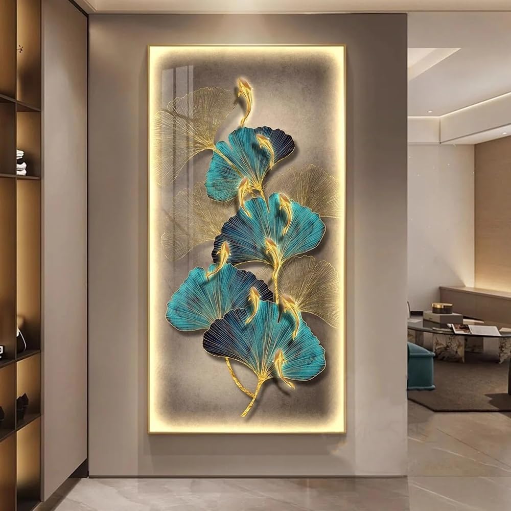 Art Decoration Painting with LED, Ginkgo Leaf LED Sculpture Art Decoration Painting, Wall Art Decoration, Suitable for Entrance, Living Room, Office(D,31.5 X 63IN)