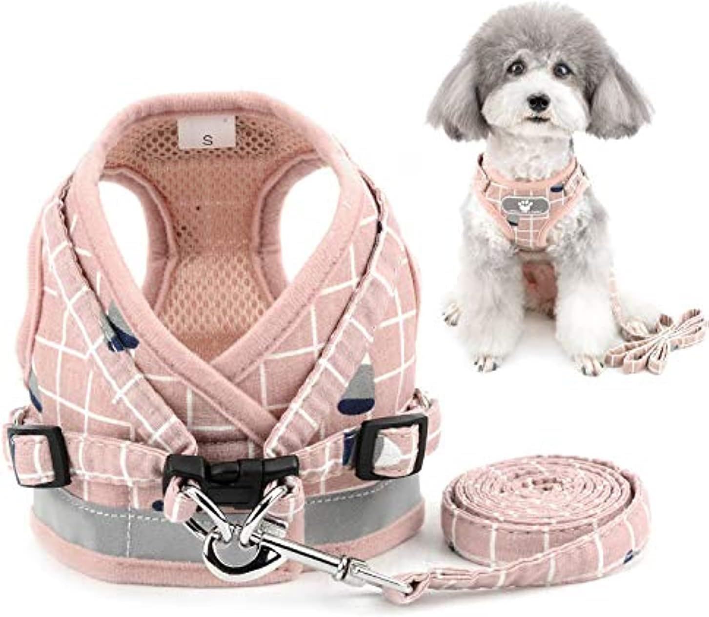 Zunea No Pull Small Dog Harness and Lead Set Adjustable Reflective Step-in Chihuahua Vest Harnesses Mesh Padded Plaid Escape Proof Puppy Jacket for Boy Girl Pet Dogs Cats Pink XS