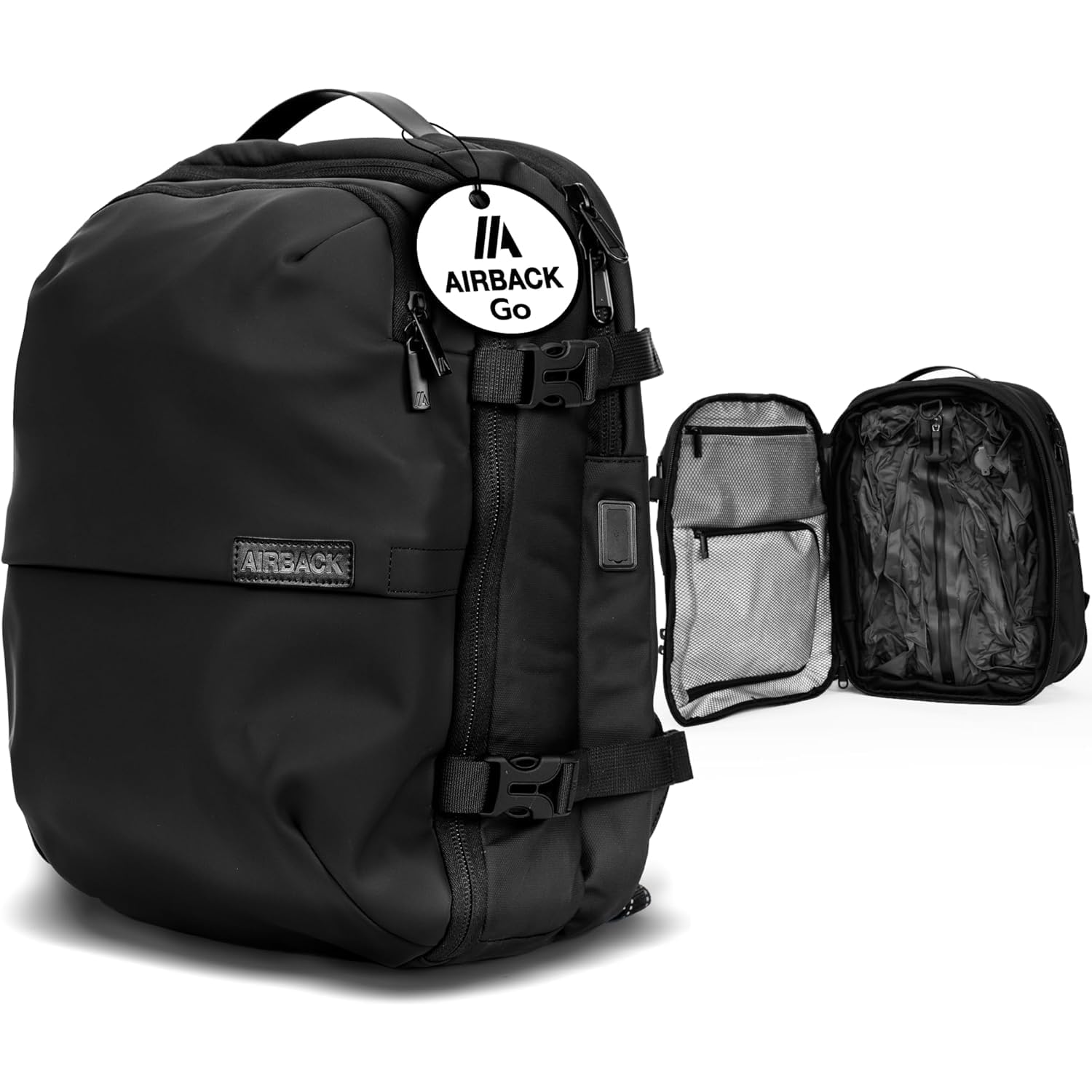 Airback GO Vakuum Rucksack Handgepäck – 16-32L, Vacuum Rucksack für Kabine, Reiserucksack Leicht & Erweiterbar, Komfortables & wasserbeständig Design, Schwarz