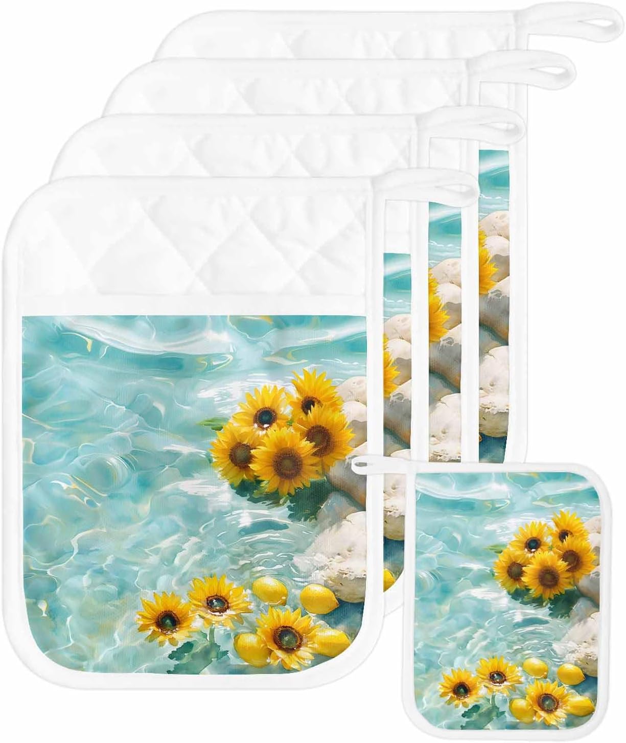 4PCS Pot Holders with Pocket for Kitchen, Watercolor Pot Holder Set Heat Insulation Potholders, Lemon Lake Aqua Summer Ocean Watercolor Oven Mitts Hot Pads for Baking Cooking Barbecue
